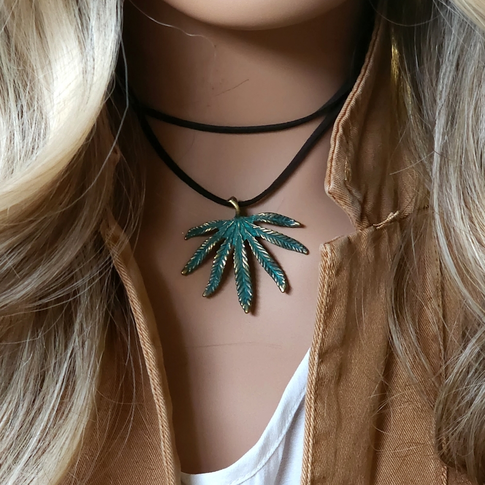 Anthro Jewelry Antique Gold Green Patina Tropical palm Miracle Jamaican Leaf